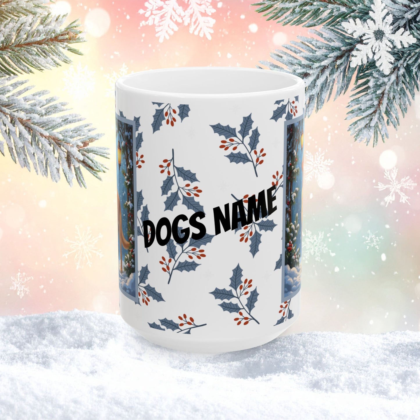 Labrador Retriever (Yellow) Winter Mug - yellow lab illustrated standing in a bright winter setting with snow