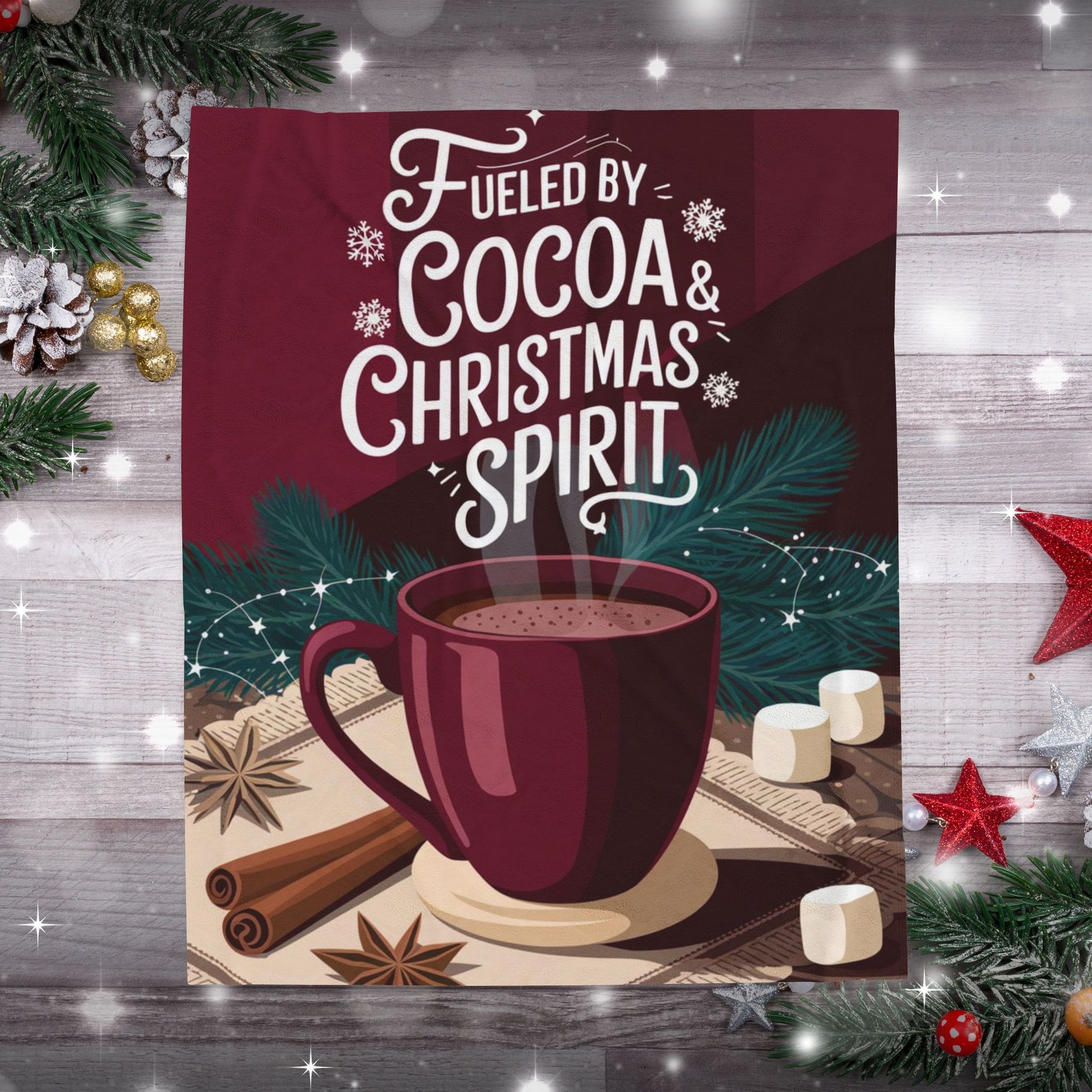 Holiday blanket “Fueled by Cocoa & Christmas Spirit” cozy Christmas throw for warmth and fun