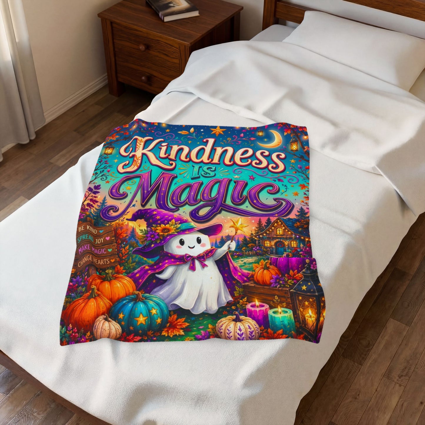 Kindness Is Magic Velveteen Blanket - Ghost with Star Wand and Be Kind Spread Joy Make Magic Sign
