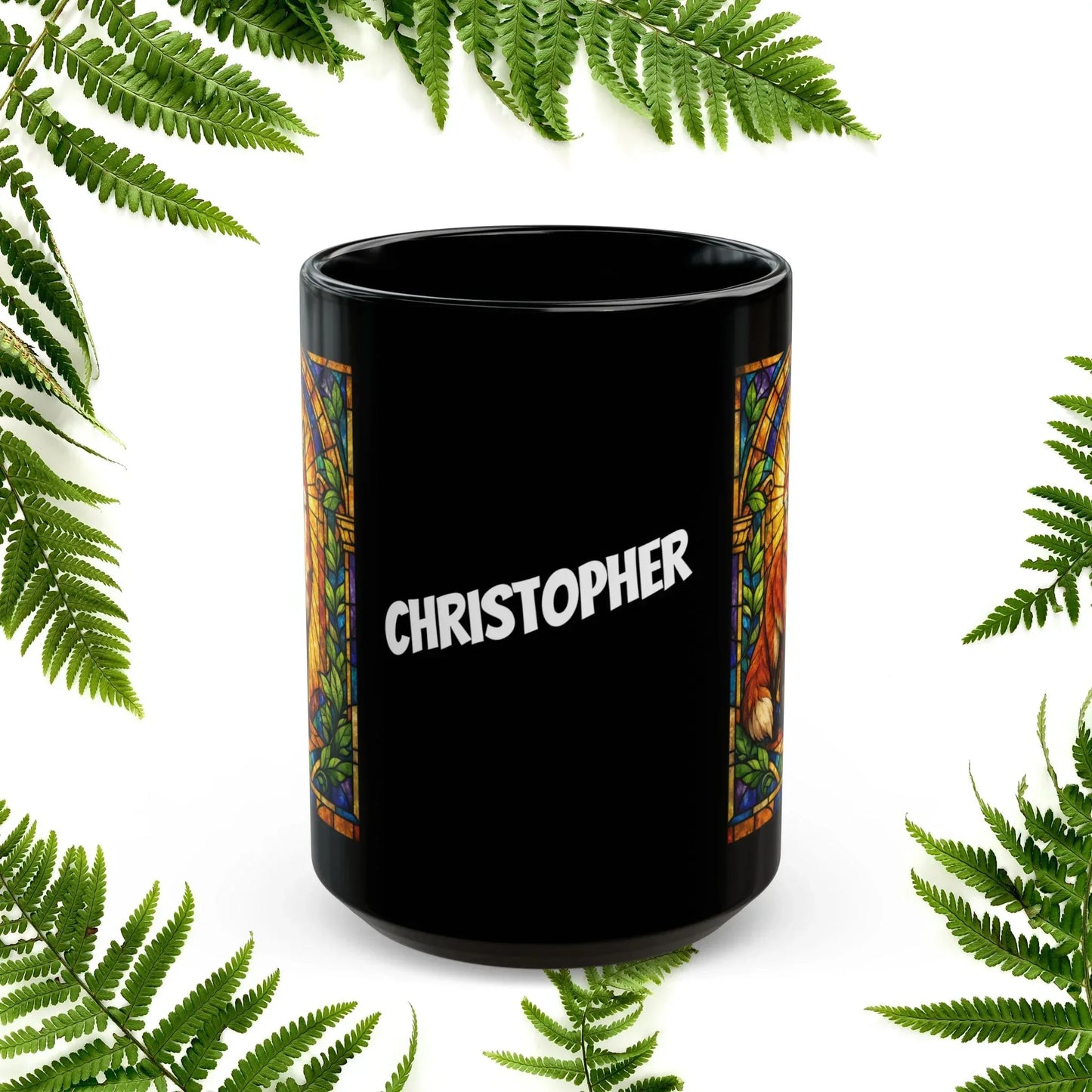Shop our premium fox stained glass style black mug from MySisterIsASurvivor.