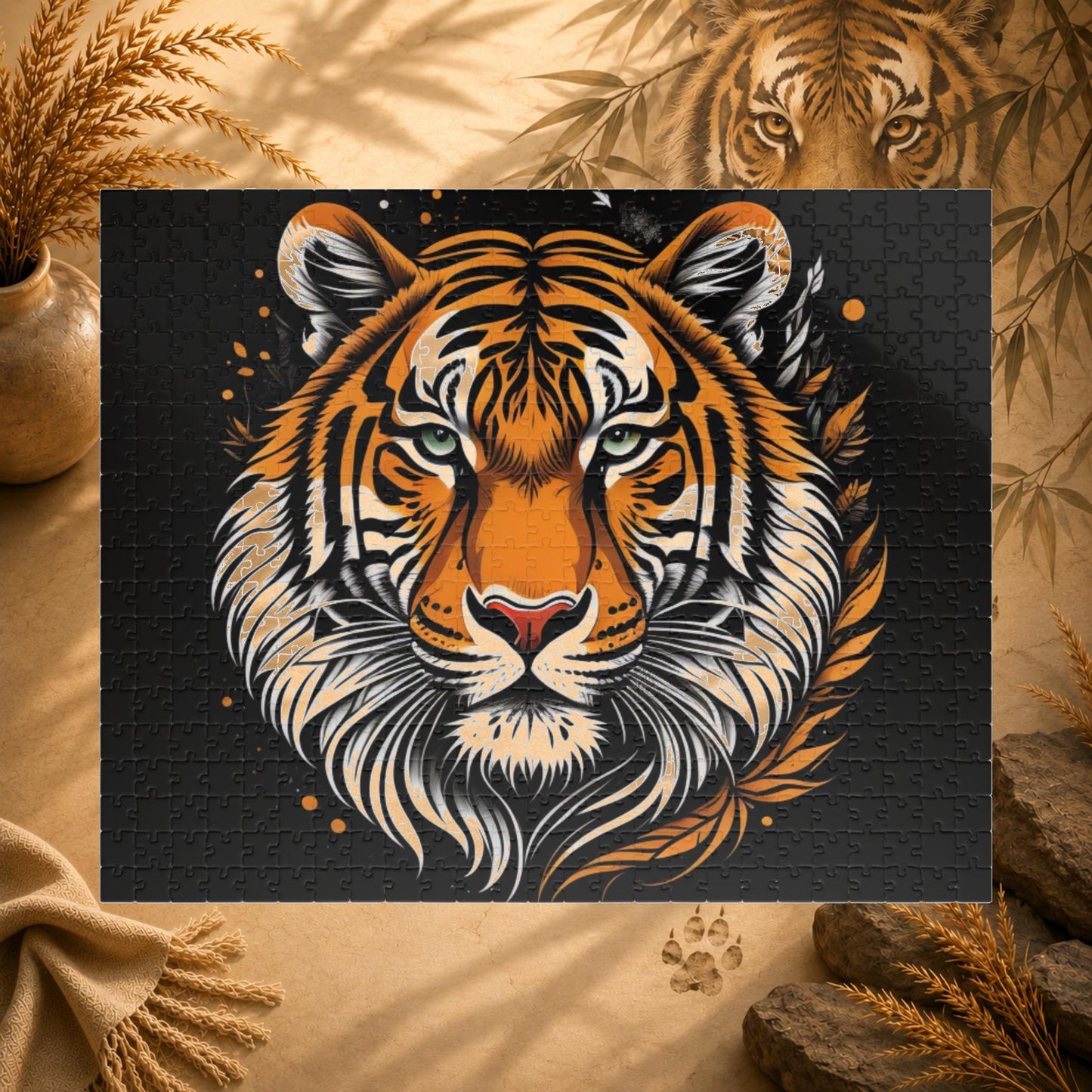 Bold Resilience - Fierce Bengal Tiger Portrait Jigsaw Puzzle in Dramatic Dark Illustration Style