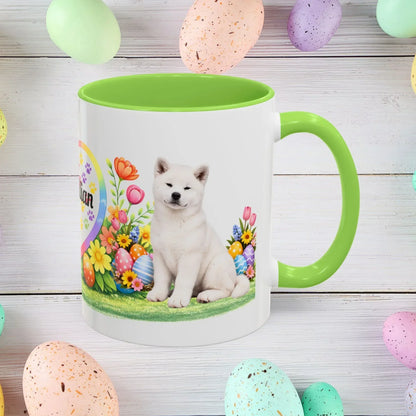 Shop our akita white puppy easter mug featuring the 11oz style option from MySisterIsASurvivor.