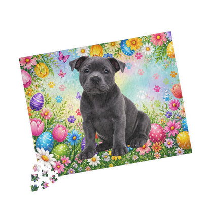 Pitbull (Blue) Easter Puppy Puzzle - Spring Garden with Eggs, Tulips, and Daisies
