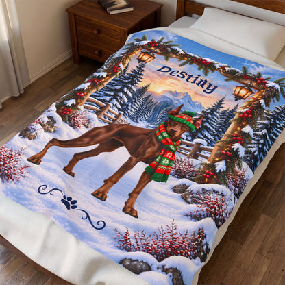 Doberman (Red Coat) - Personalized Winter Blanket, Custom Name Velveteen Throw