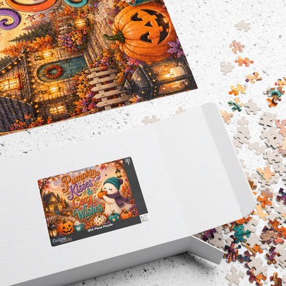 Pumpkin Kisses & Cozy Wishes Halloween Puzzle - Beanie Ghost with Pumpkins, Heart Mug, and Fall Leaves