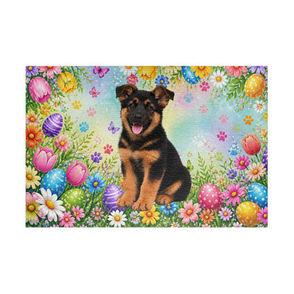 German Shepherd (Black & Red) Easter Puppy Puzzle - Spring Garden with Eggs, Tulips, and Daisies