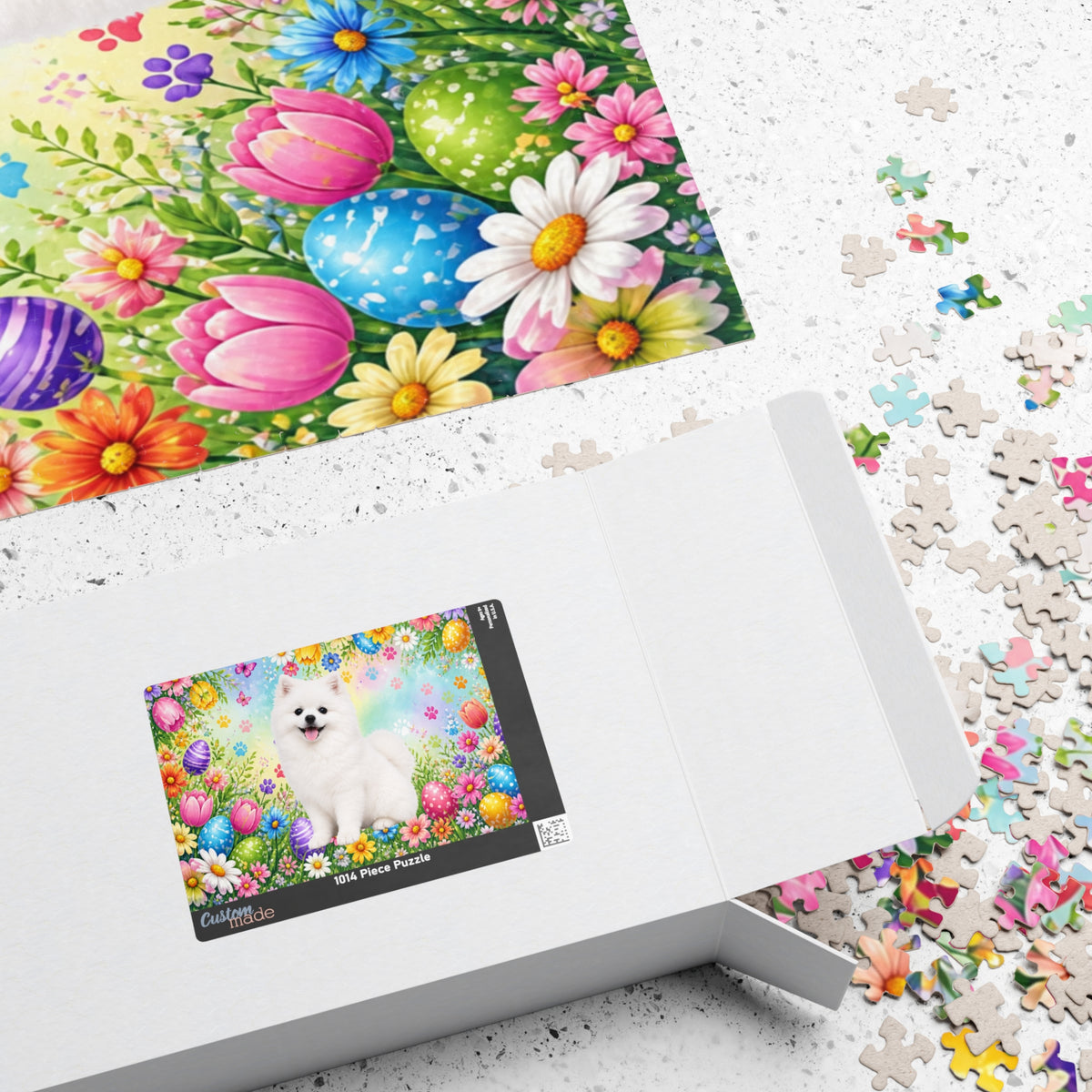 Pomeranian (White) Easter Puppy Puzzle - Spring Garden with Eggs, Tulips, and Daisies