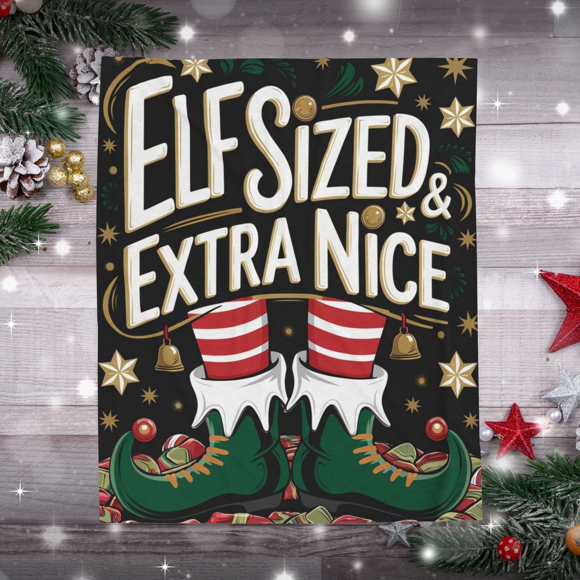 Cute Christmas blanket “Elf Sized & Extra Nice” cozy holiday throw for festive winter comfort