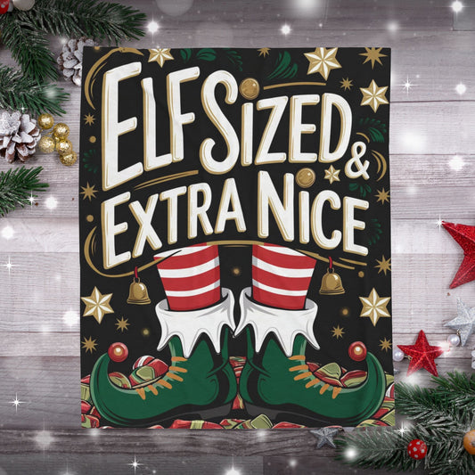 Cute Christmas blanket “Elf Sized & Extra Nice” cozy holiday throw for festive winter comfort