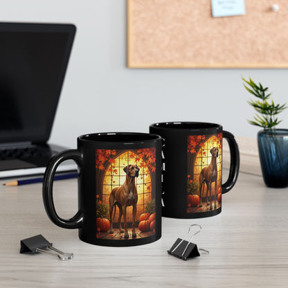 Fawn Great Dane coffee mug with pumpkins and leaves, personalized fall coffee cup for dog lovers
