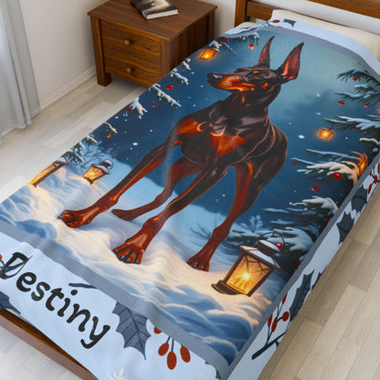 Doberman Red and Rust personalized winter blanket with bold Doberman art and cozy glowing winter lodge details