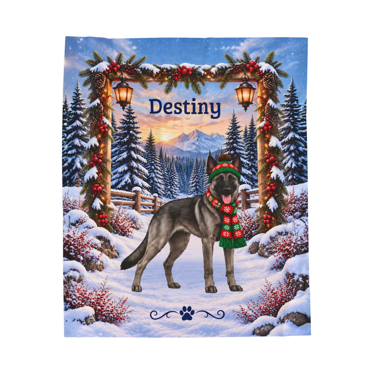 Belgian Malinois (Gray Sable Coat) - Custom Dog Name Velveteen Throw, Personalized Winter Cabin Gift