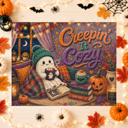 Creepin It Cozy Halloween Puzzle - Ghost in Beanie Reading by Candlelight with Pumpkin Spice Books