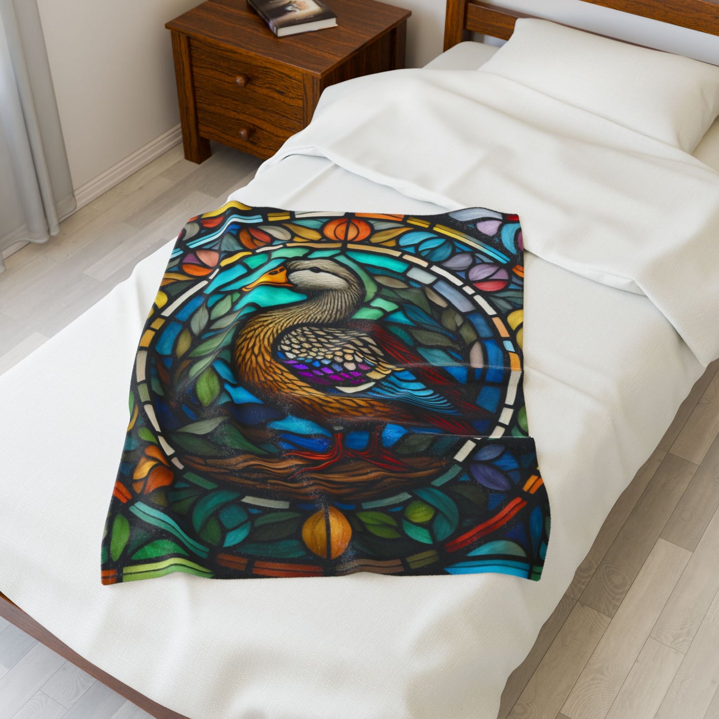 A stained glass duck blanket that brings bright wildlife charm and soft comfort to your home.