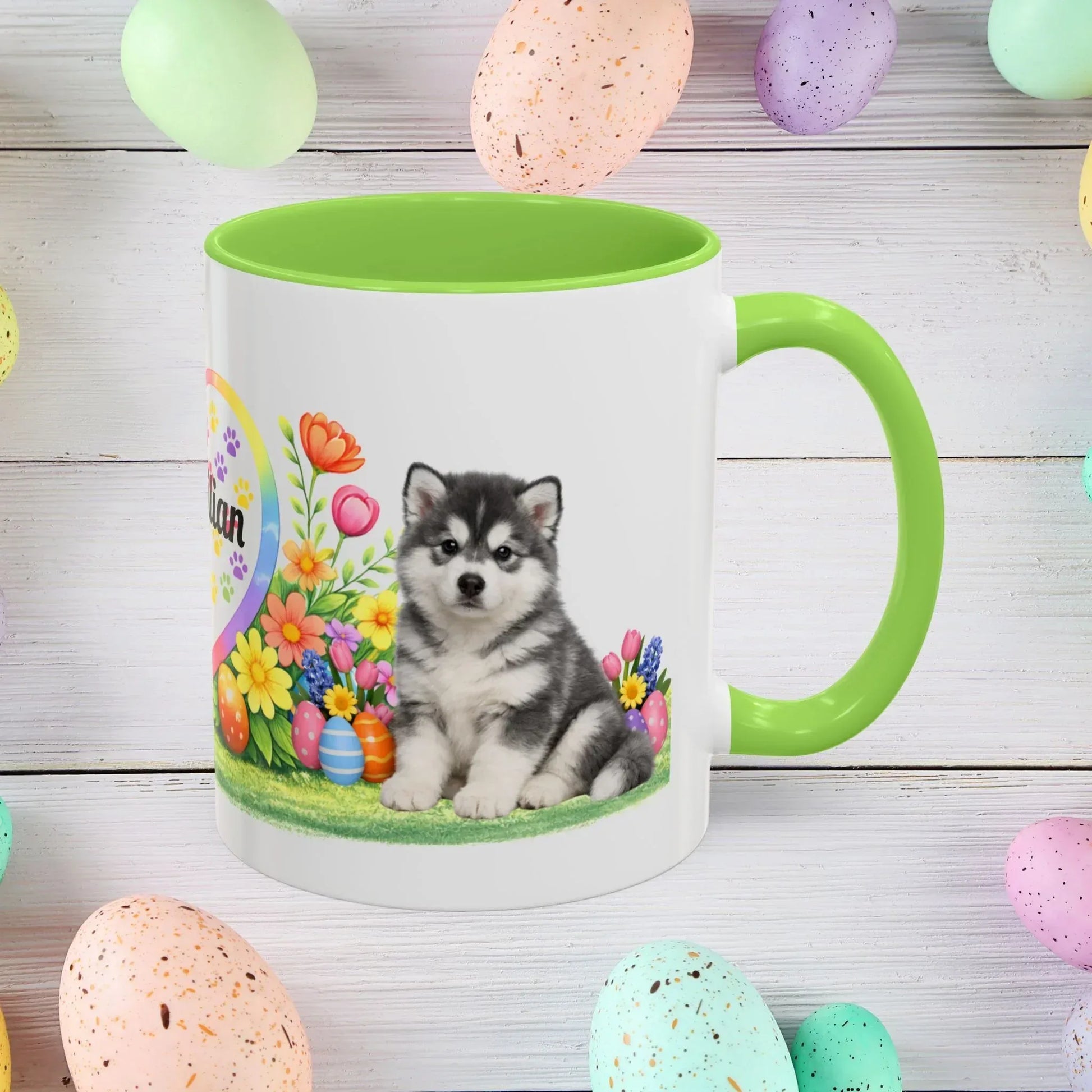 Shop our alaskan malamute blue white puppy easter mug featuring the 11oz style option from MySisterIsASurvivor.