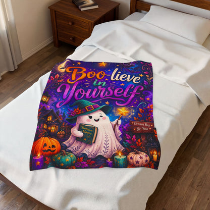 Boo-lieve in Yourself Velveteen Blanket - Ghost with Star Wand and Believe in Magic Book Dream Big Sign
