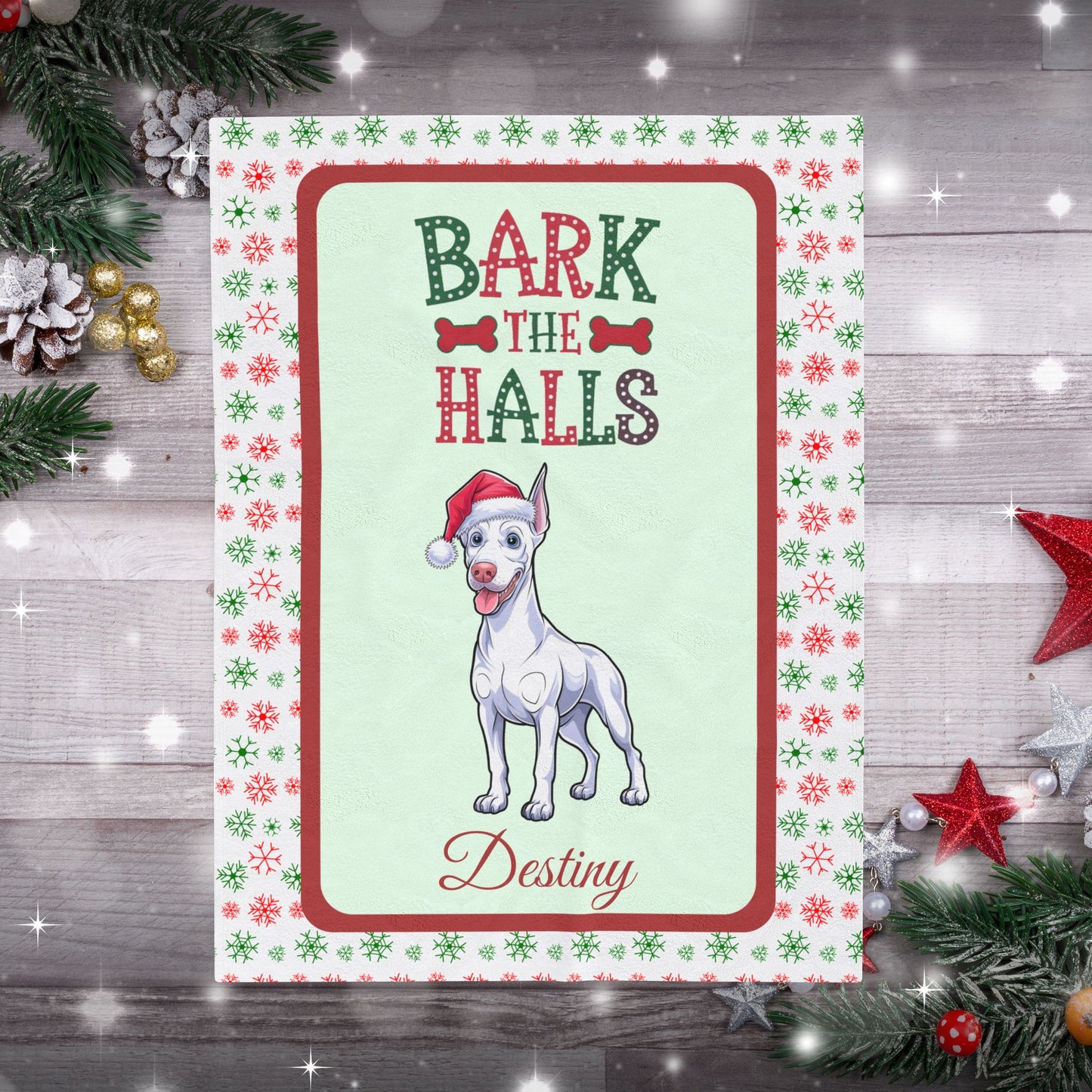 Doberman Pinscher (White) Velveteen Blanket - cozy Bark The Halls Christmas dog throw, personalized gift