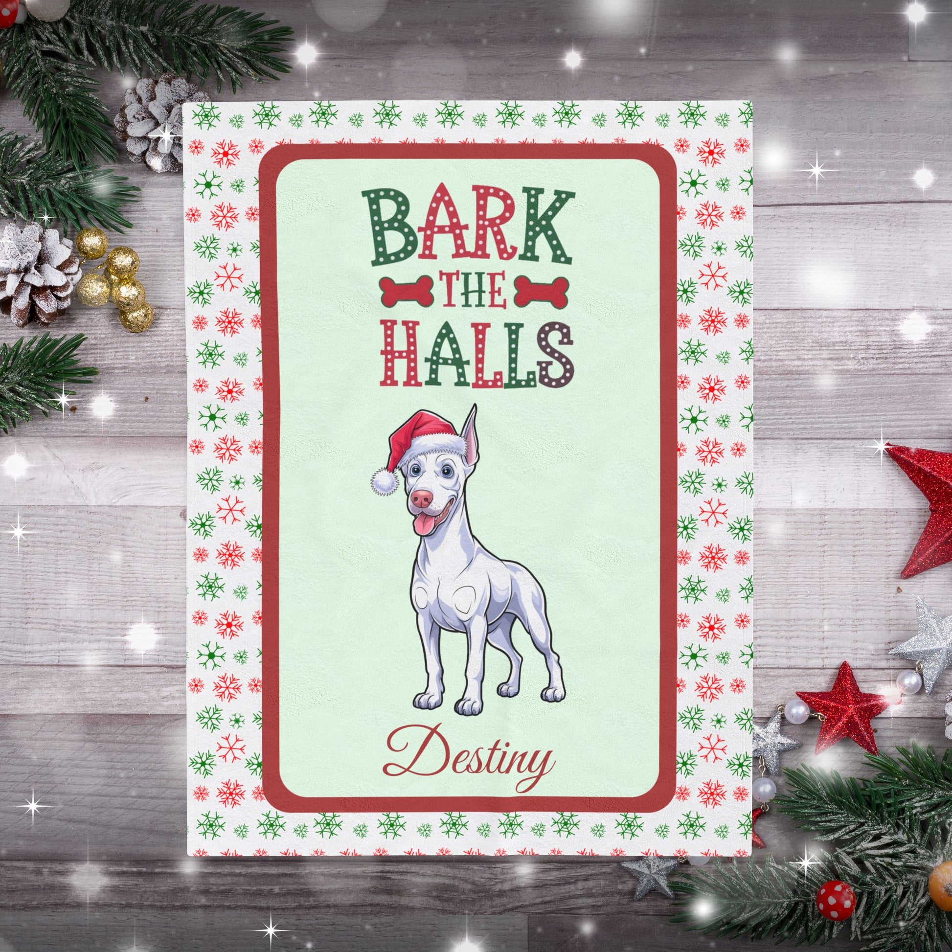Doberman Pinscher (White) Velveteen Blanket - cozy Bark The Halls Christmas dog throw, personalized gift