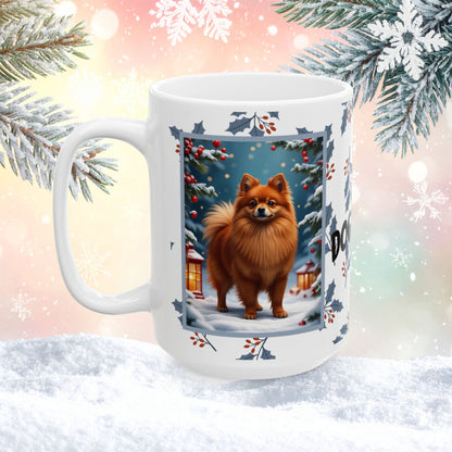 Pomeranian (Red) Winter Mug - red pomeranian illustrated standing in a winter scene with seasonal background
