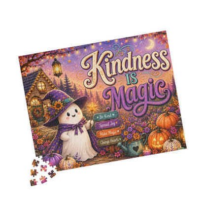 Kindness Is Magic Halloween Puzzle - Witch Ghost with Magic Wand, Purple Pumpkins, and Wildflowers