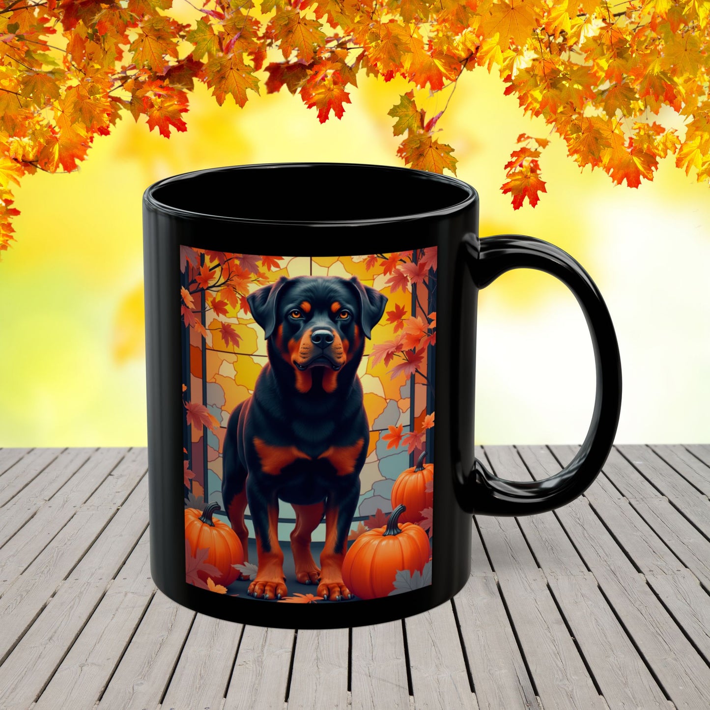 Black and Rust Rottweiler personalized mug with autumn leaves, custom coffee cup for dog lovers and cozy fall gift