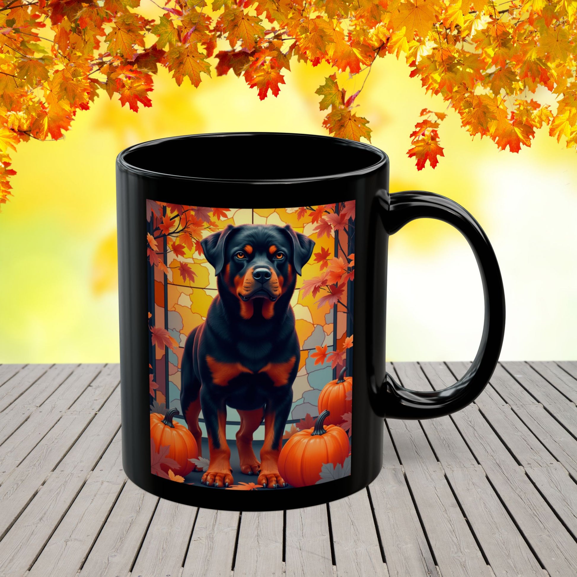 Black and Rust Rottweiler personalized mug with autumn leaves, custom coffee cup for dog lovers and cozy fall gift
