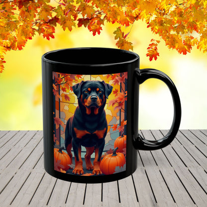 Black and Rust Rottweiler personalized mug with autumn leaves, custom coffee cup for dog lovers and cozy fall gift