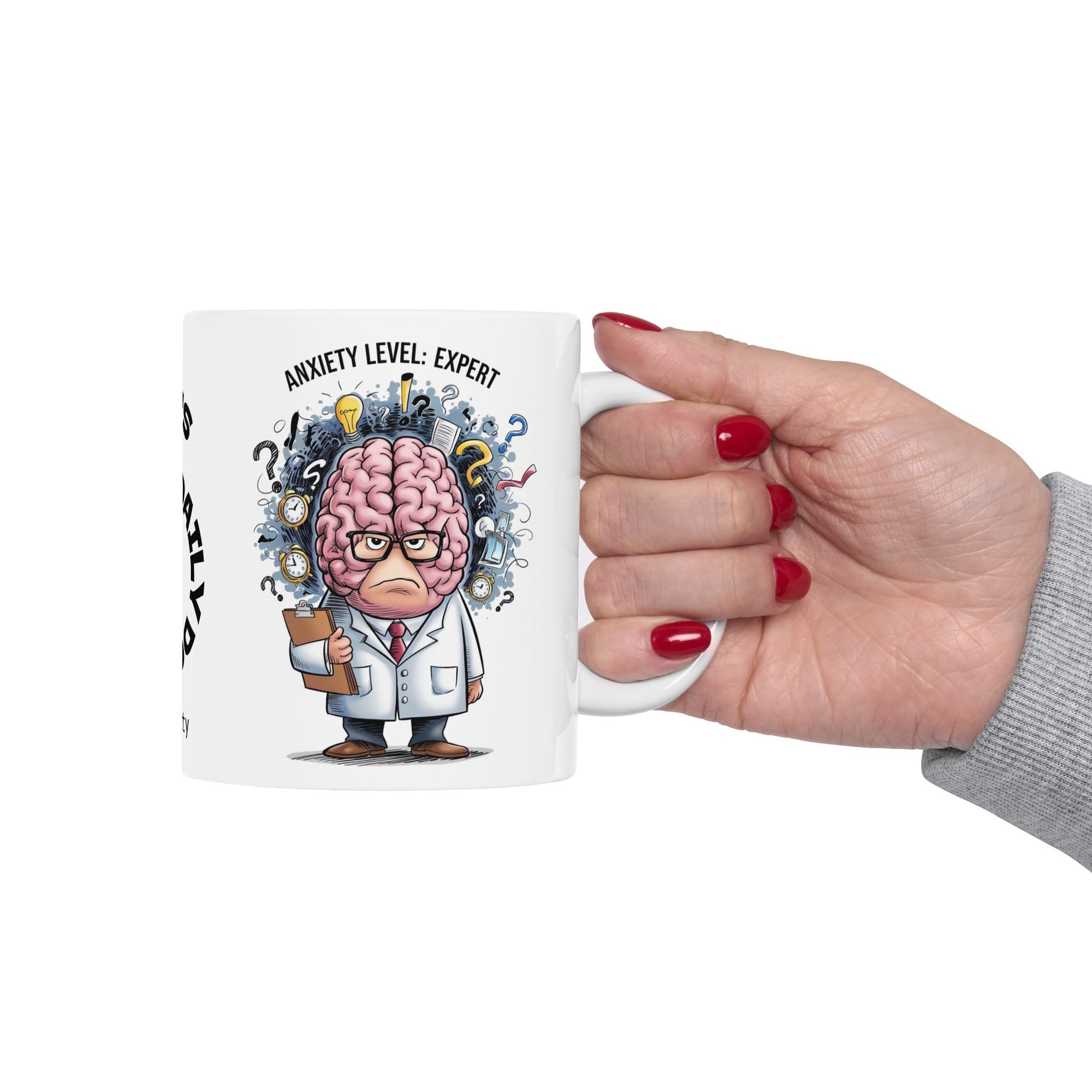 Personalized "Anxiety Level: Expert" funny mental health mug with affirmations for anxiety and mental health support.