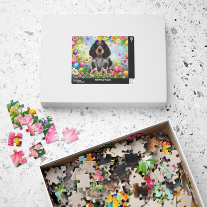 American Cocker Spaniel (Blue Roan) Easter Puppy Puzzle - Spring Garden with Eggs, Tulips, and Daisies