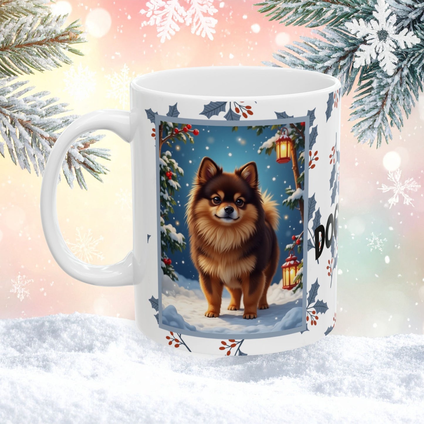Pomeranian (Chocolate & Tan) Winter Mug - chocolate and tan pomeranian artwork standing in a winter setting