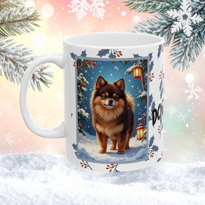 Pomeranian (Chocolate & Tan) Winter Mug - chocolate and tan pomeranian artwork standing in a winter setting