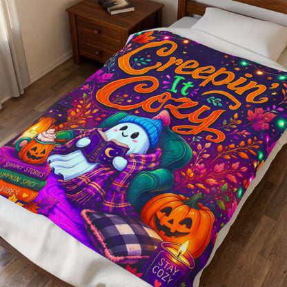 Creepin It Cozy Velveteen Blanket - Ghost Reading in Armchair with Pumpkin Spice and Stay Cozy Candle