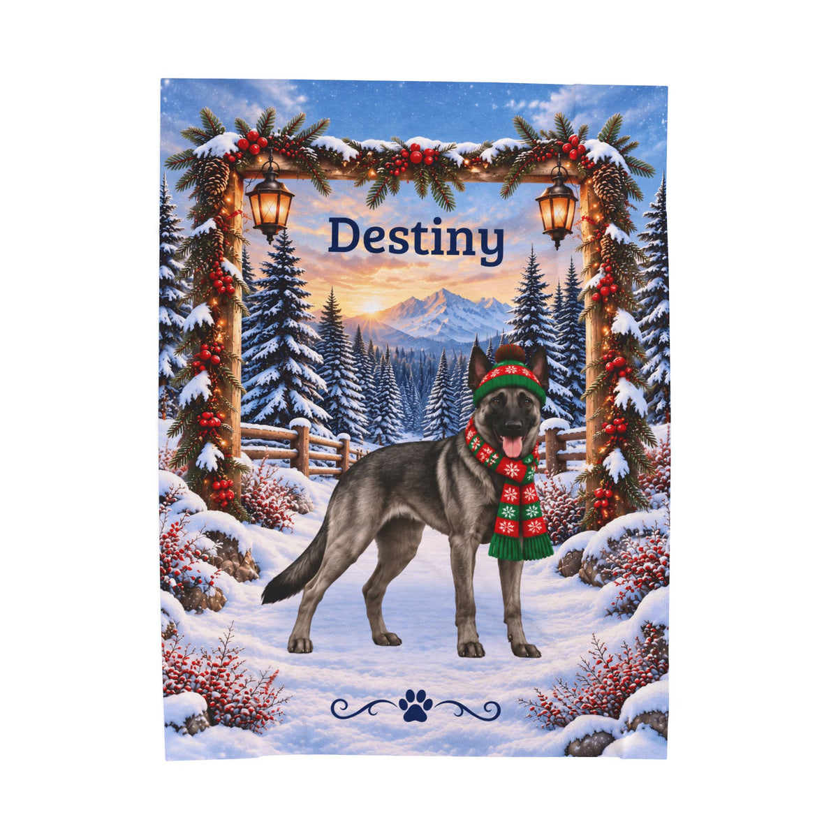 Belgian Malinois (Gray Sable Coat) - Custom Dog Name Velveteen Throw, Personalized Winter Cabin Gift
