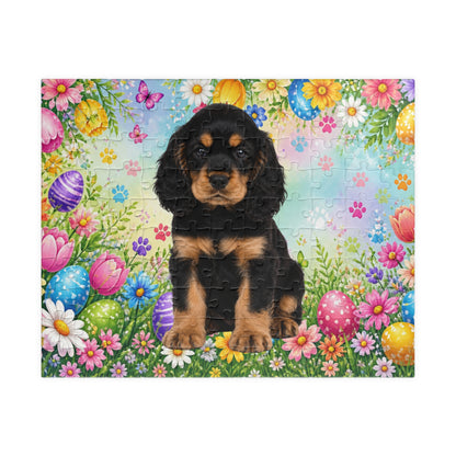 American Cocker Spaniel (Black & Tan) Easter Puppy Puzzle - Spring Garden with Eggs, Tulips, and Daisies