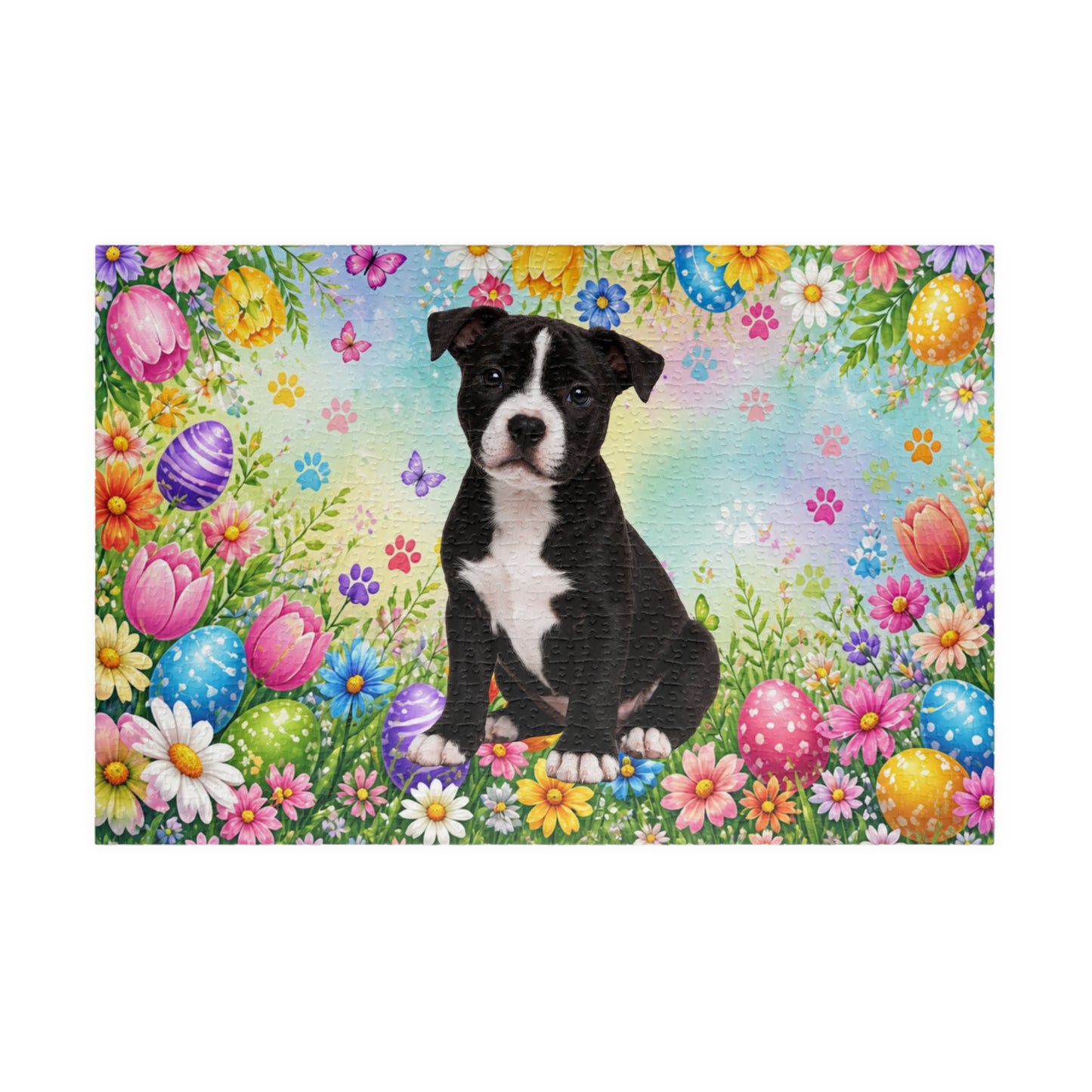 Pitbull (Black & White) Easter Puppy Puzzle - Spring Garden with Eggs, Tulips, and Daisies