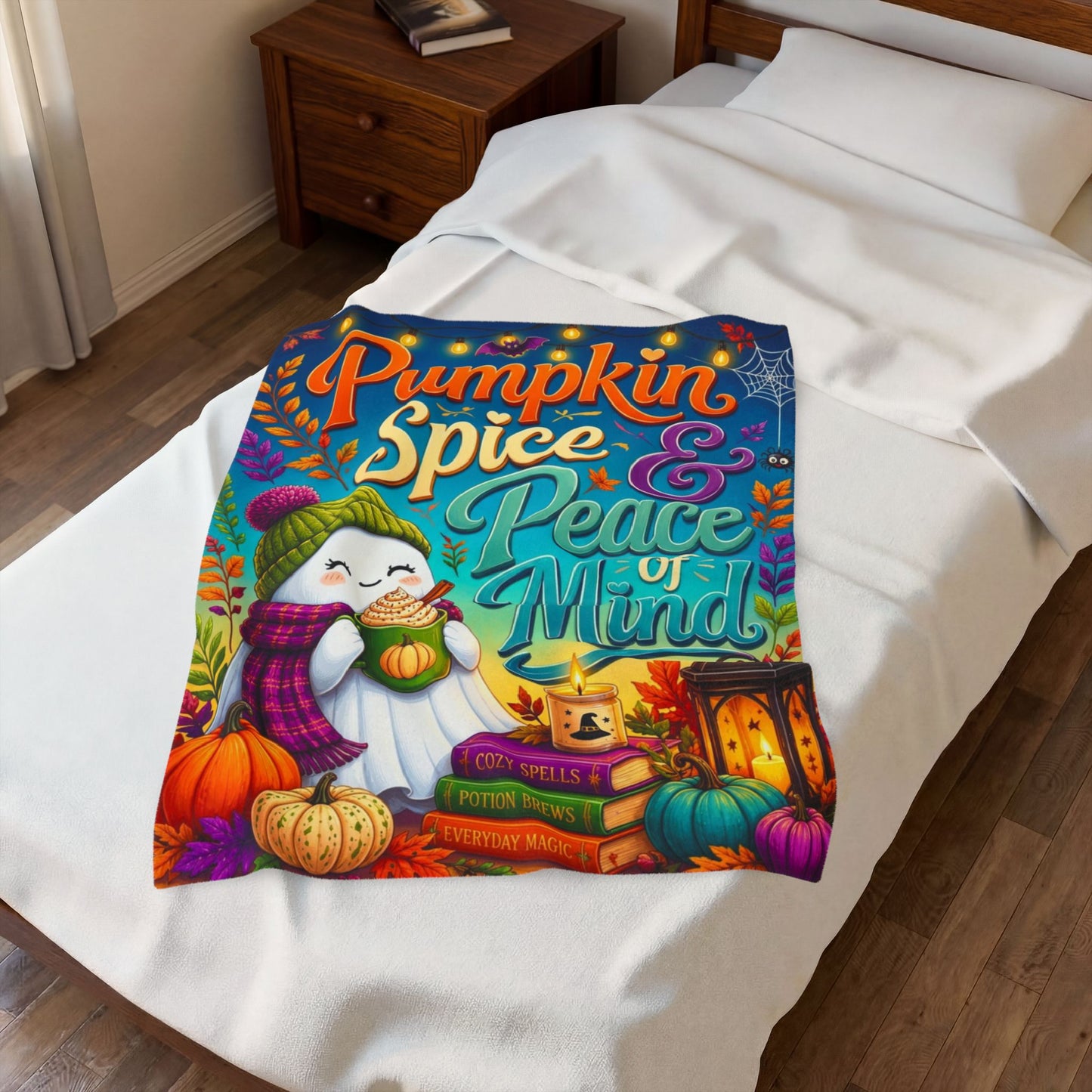 Pumpkin Spice & Peace of Mind Velveteen Blanket - Ghost with Pumpkin Latte and Cozy Spells Candle