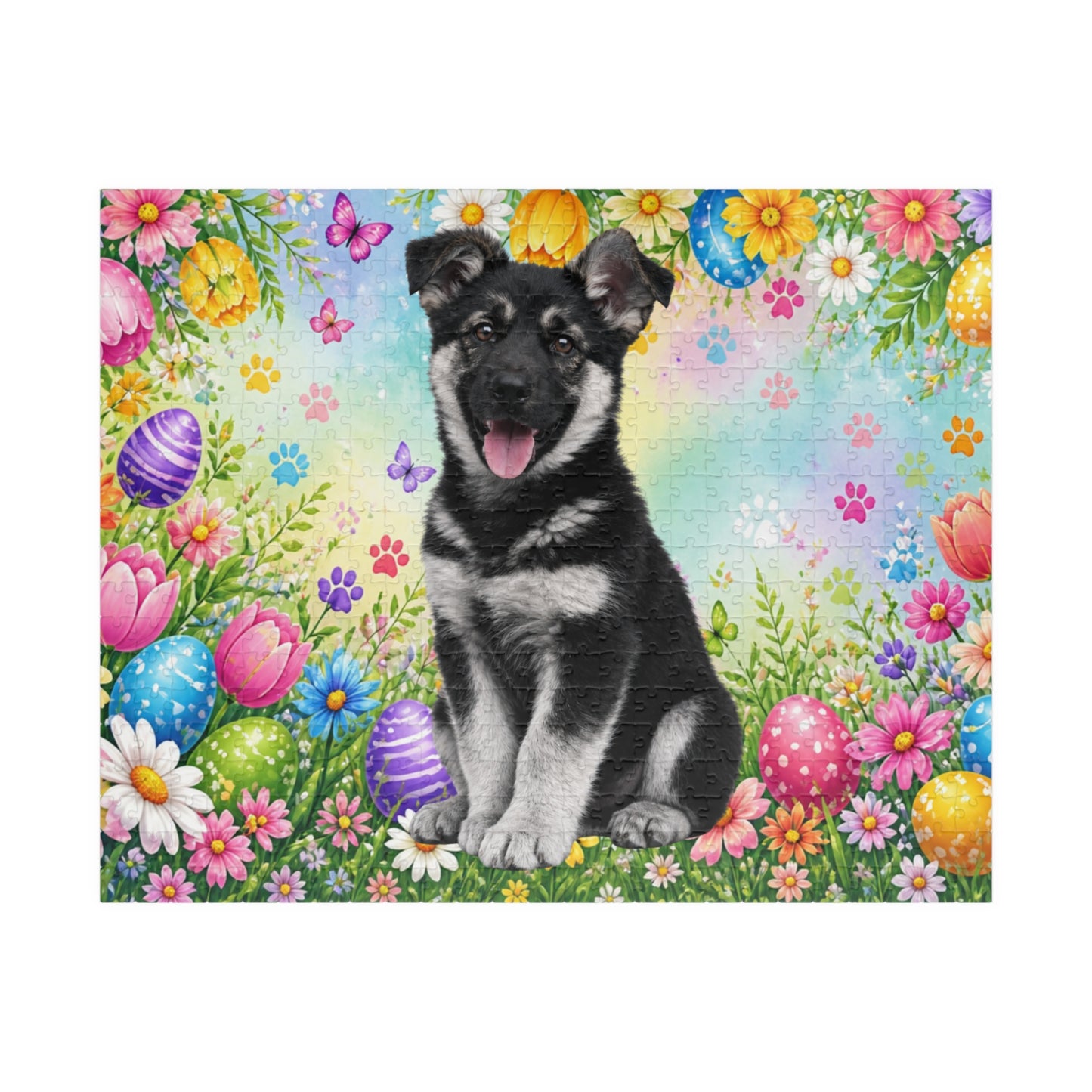 German Shepherd (Black & Silver) Easter Puppy Puzzle - Flowers, Eggs, and Spring Fun