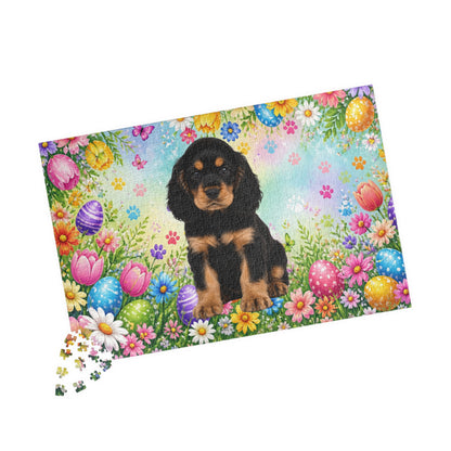 American Cocker Spaniel (Black & Tan) Easter Puppy Puzzle - Spring Garden with Eggs, Tulips, and Daisies