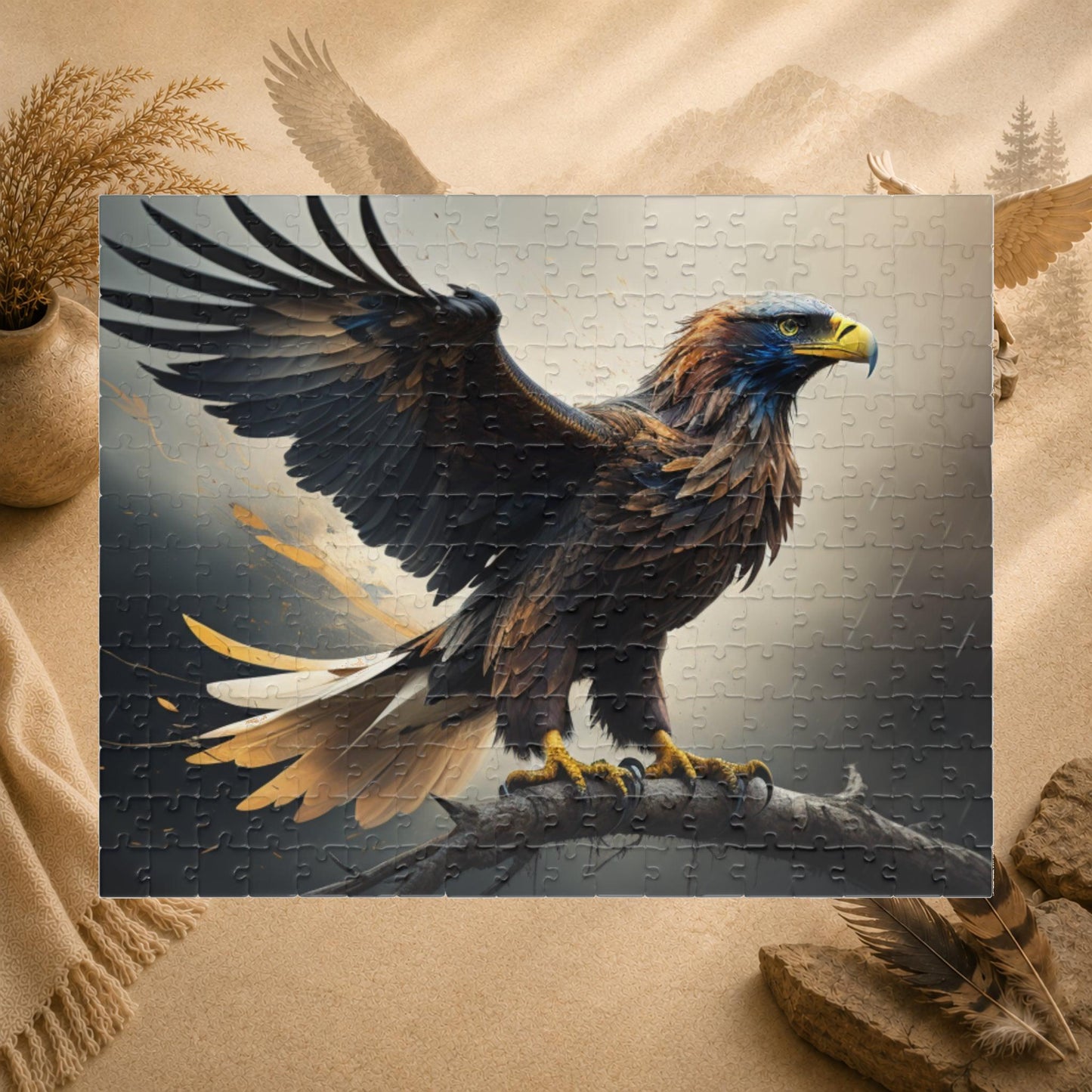 Sky Majesty Triumph - Cinematic Eagle Puzzle with One Wing Raised on Atmospheric Grey Background