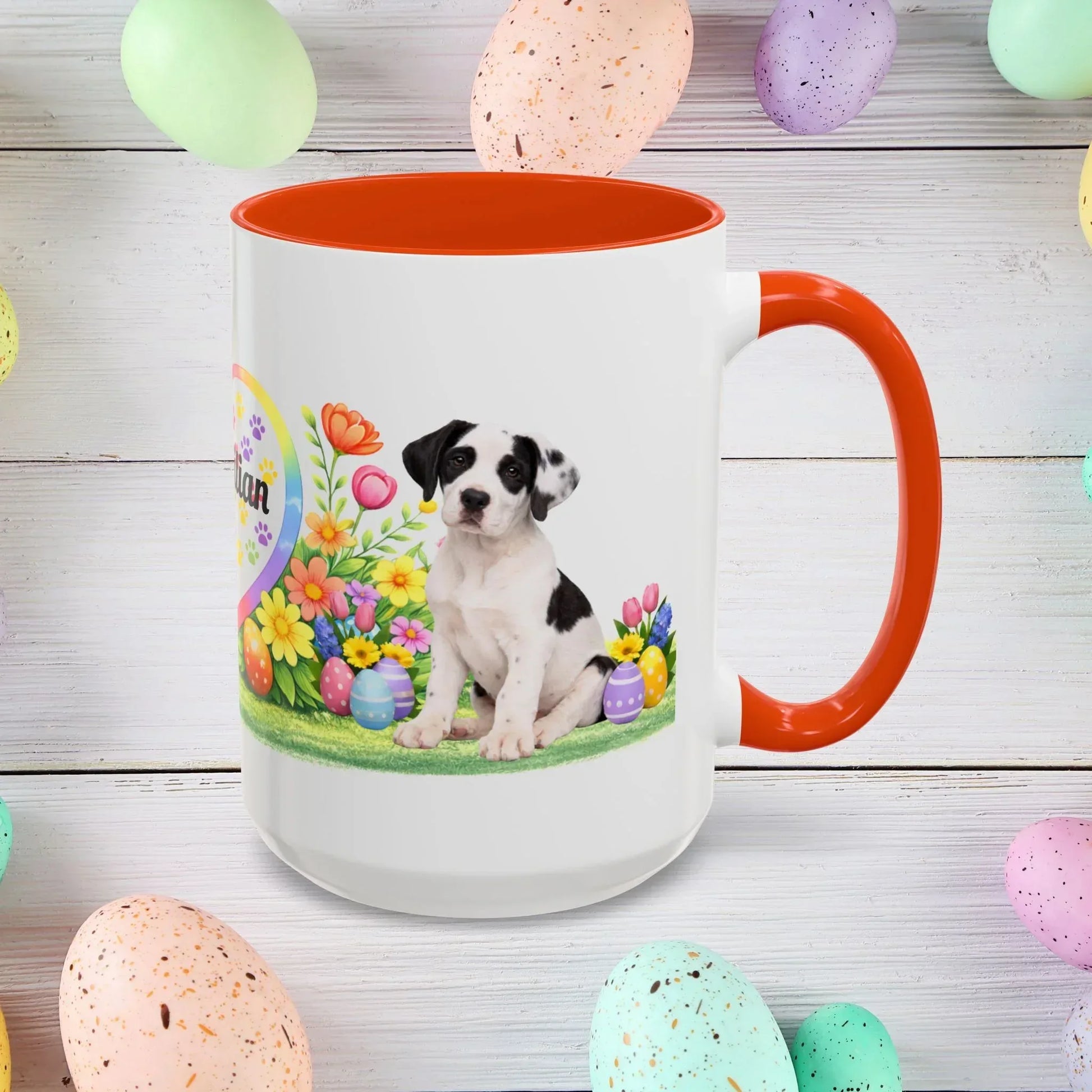 Shop our great dane piebald puppy easter mug featuring the 15oz style option from MySisterIsASurvivor.