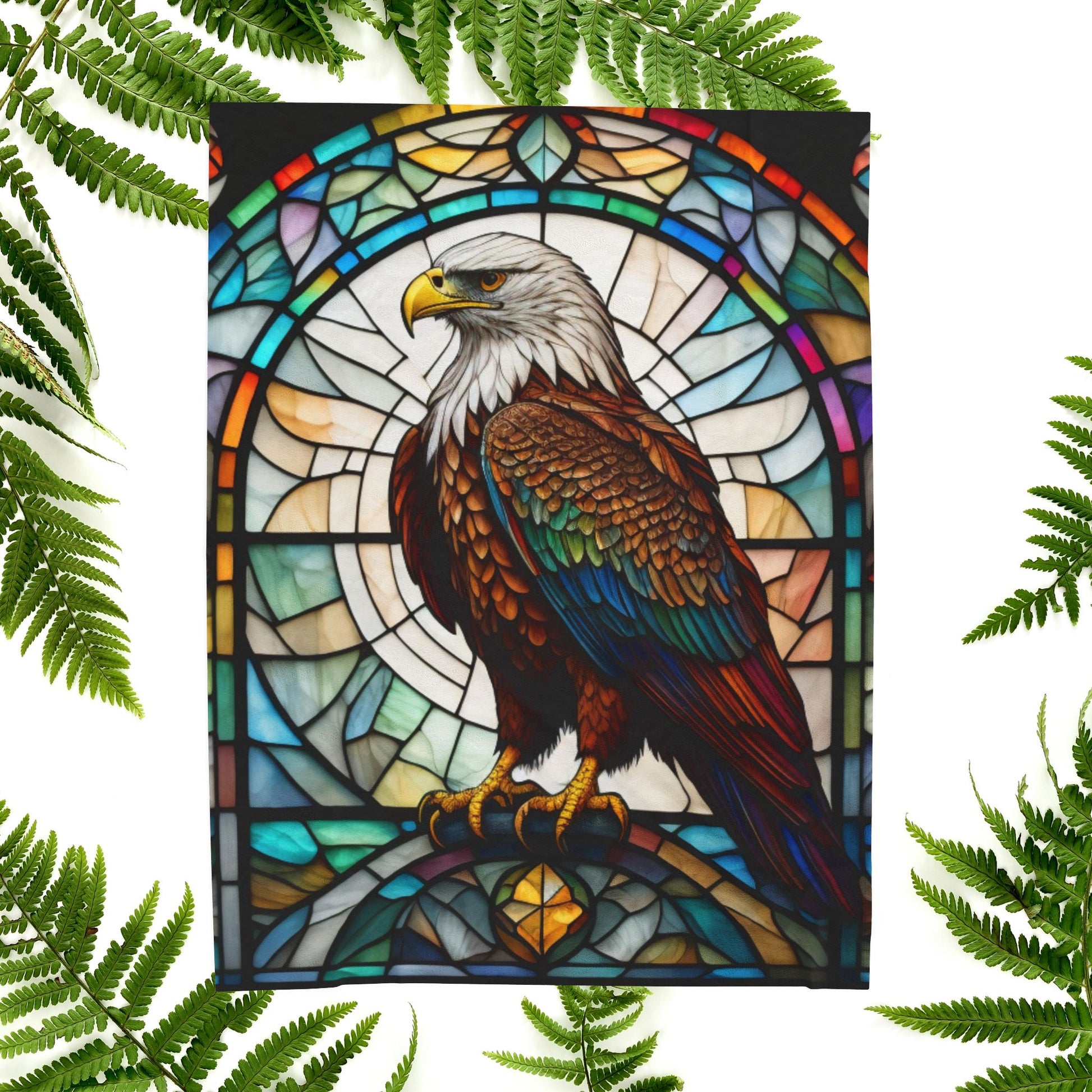 A majestic eagle blanket in stained glass style, offering cozy warmth and peaceful energy.