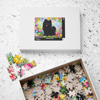 Pomeranian (Black) Easter Puppy Puzzle - Spring Garden with Eggs, Tulips, and Daisies