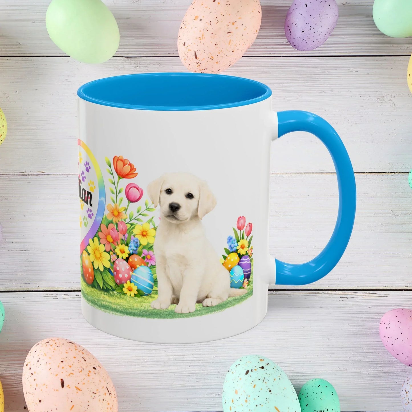 Shop our labrador retriever yellow creamy white puppy easter mug featuring the 11oz style option from MySisterIsASurvivor.