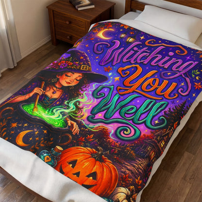 Witching You Well Velveteen Blanket - Witch Stirring Glowing Cauldron with Potion Bottle and Lanterns