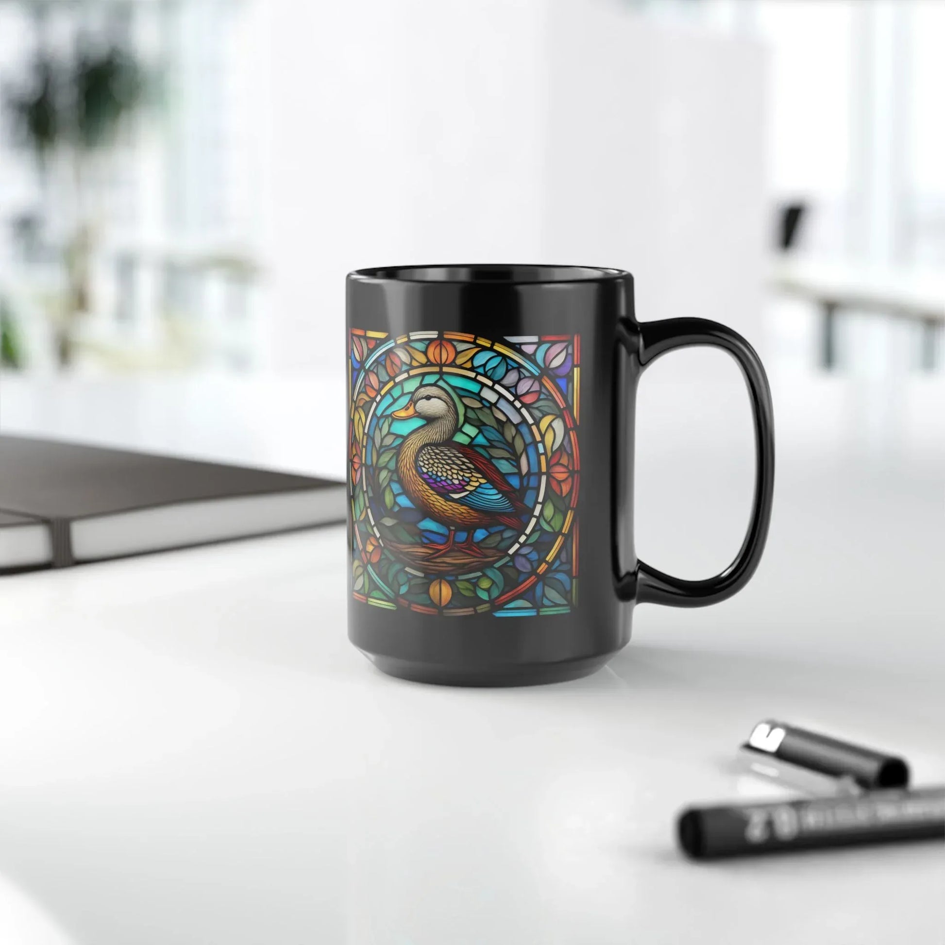 Shop our premium duck stained glass zoo animals ceramic black mug from MySisterIsASurvivor.