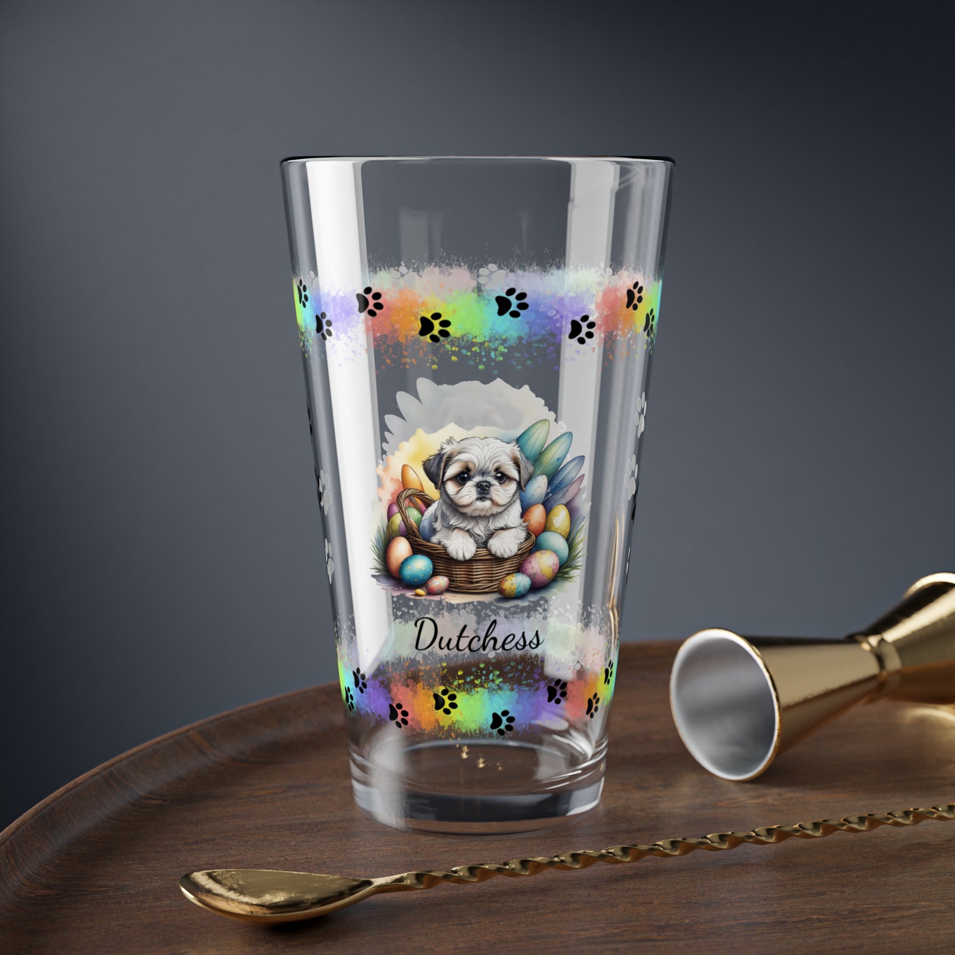 Shih Tzu (Silver & White) Personalized Easter Puppy 16oz Pint Glass - Custom Dog Design, Mental Health Gift, Easter Décor, and Festive Celebrations