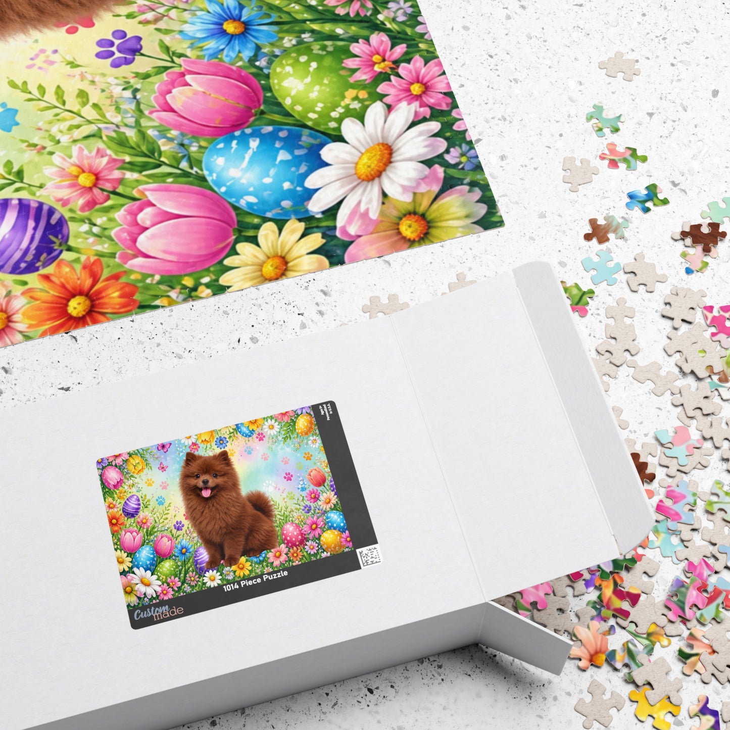 Pomeranian (Chocolate) Easter Puppy Puzzle - Spring Garden with Eggs, Tulips, and Daisies