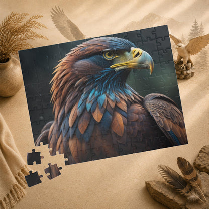 Feathers of Resilience - Close-Up Eagle Portrait Puzzle with Warm Brown and Teal Feathers on Green Bokeh