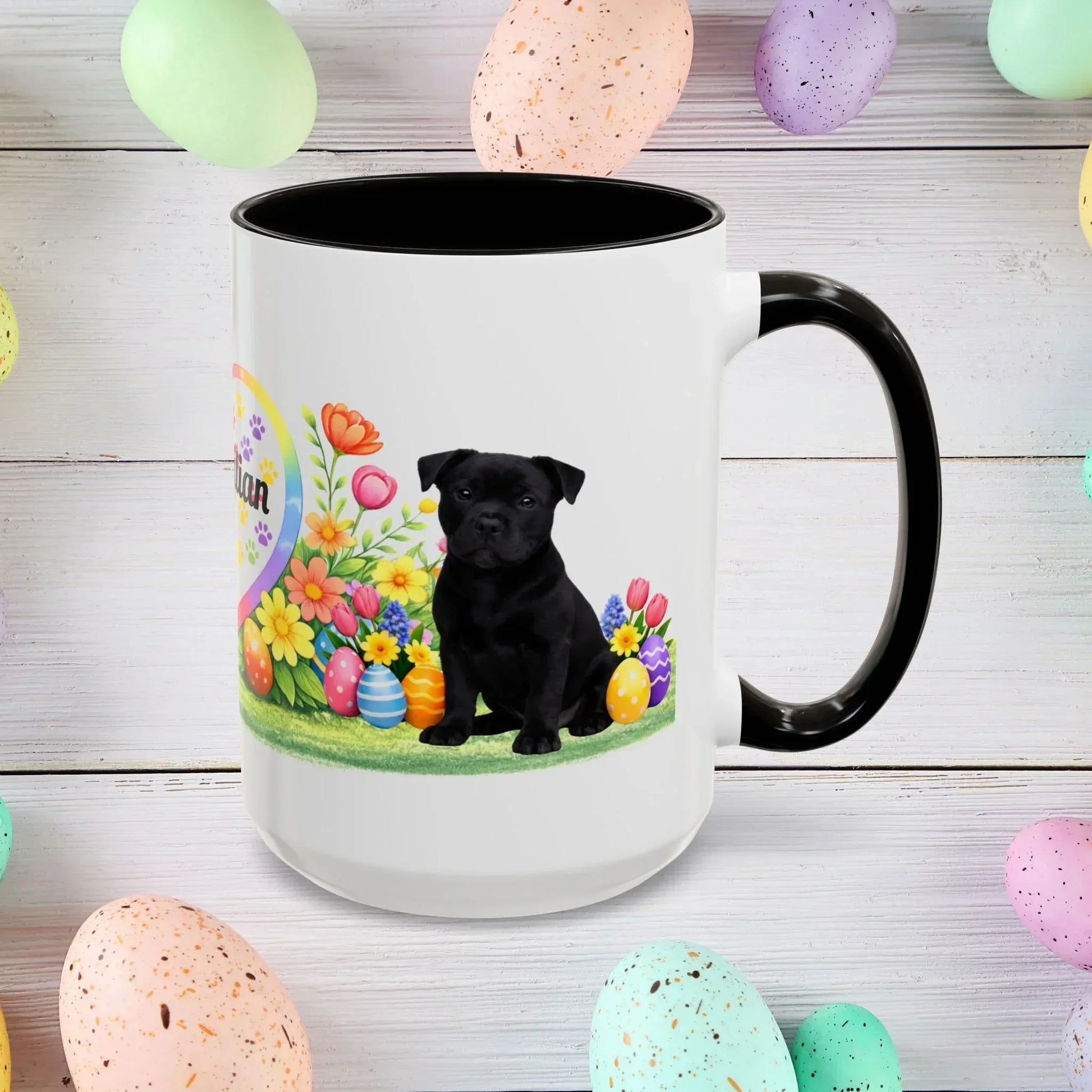 Shop our pitbull black puppy easter mug featuring the 15oz style option from MySisterIsASurvivor.