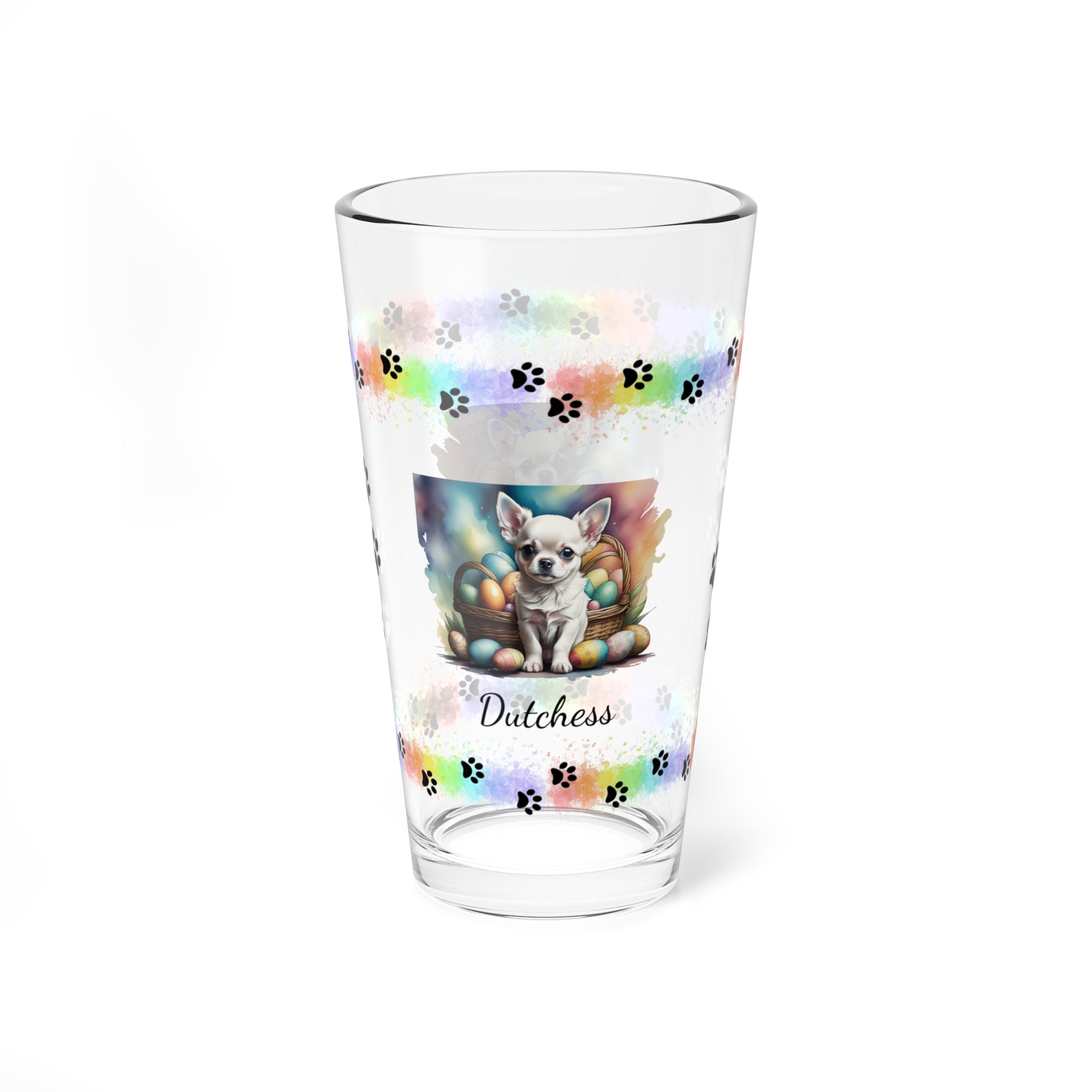 Chihuahua (White) Personalized Easter Puppy 16oz Pint Glass - Custom Dog Design, Mental Health Gift, Easter Décor, and Festive Celebrations